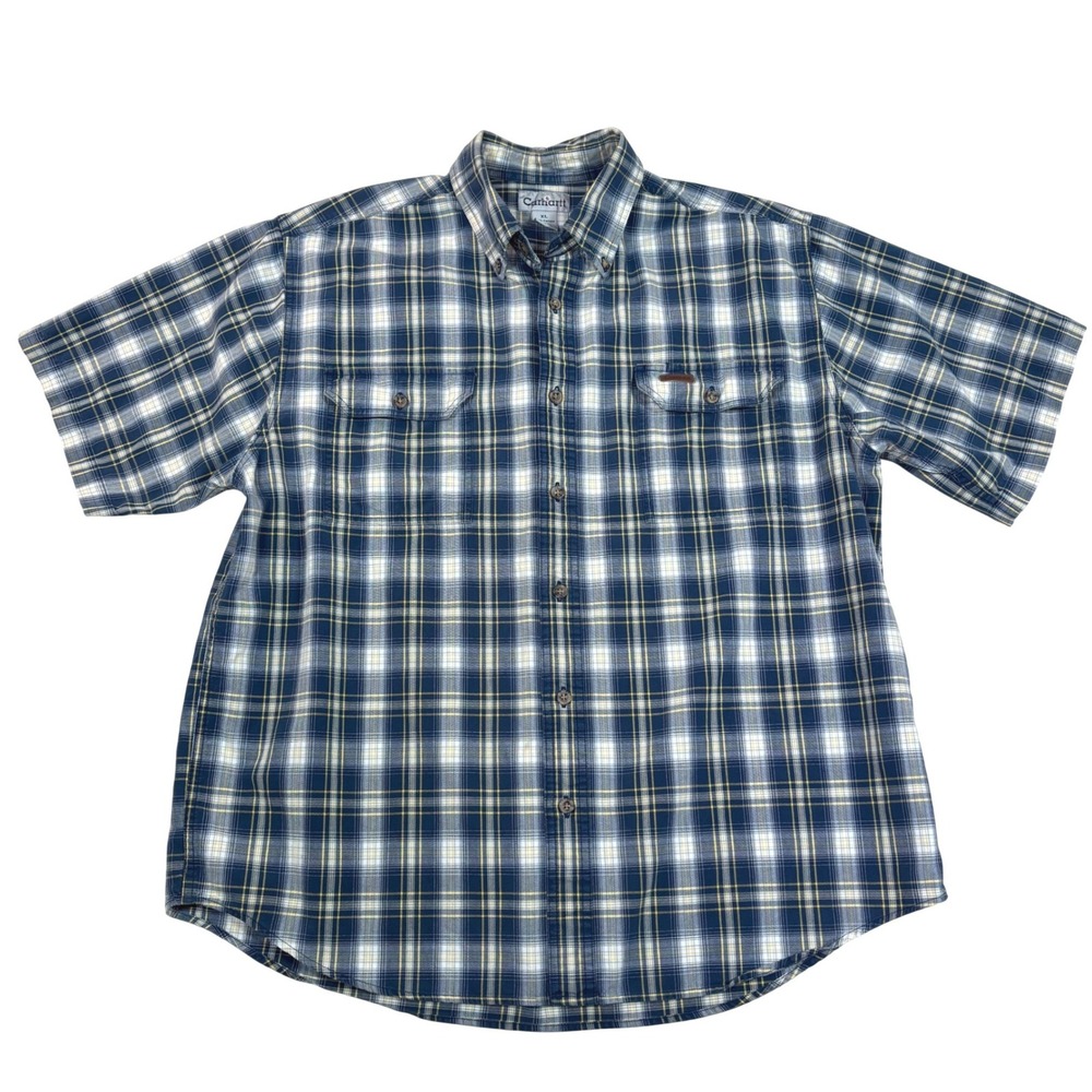 Carhartt Mens XL Blue Yellow Plaid Short Sleeve Button Down Work Shirt S164IBL